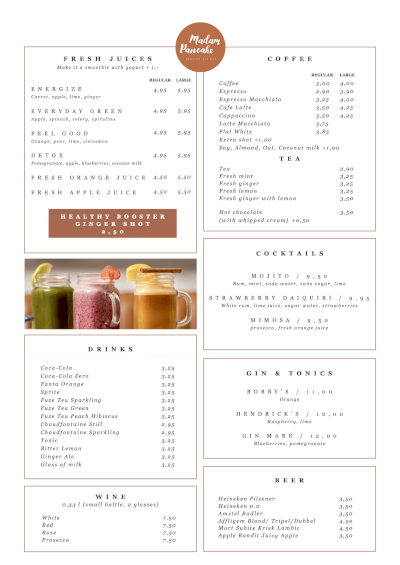 Madam Pancake menu - Drinks